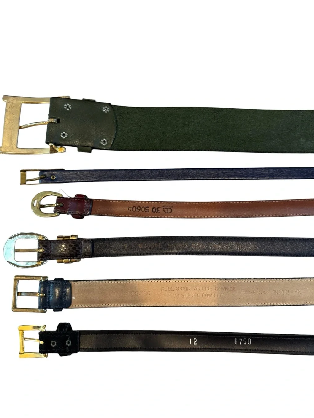 6pc Vintage Leather Belt Lot | Suede, Snakeskin Style, 80s 90s | Size Small
